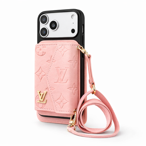 Premium Luxury Pink Leather Phone Cover with Card Holder & Strap | Designer Wallet Case for iPhone