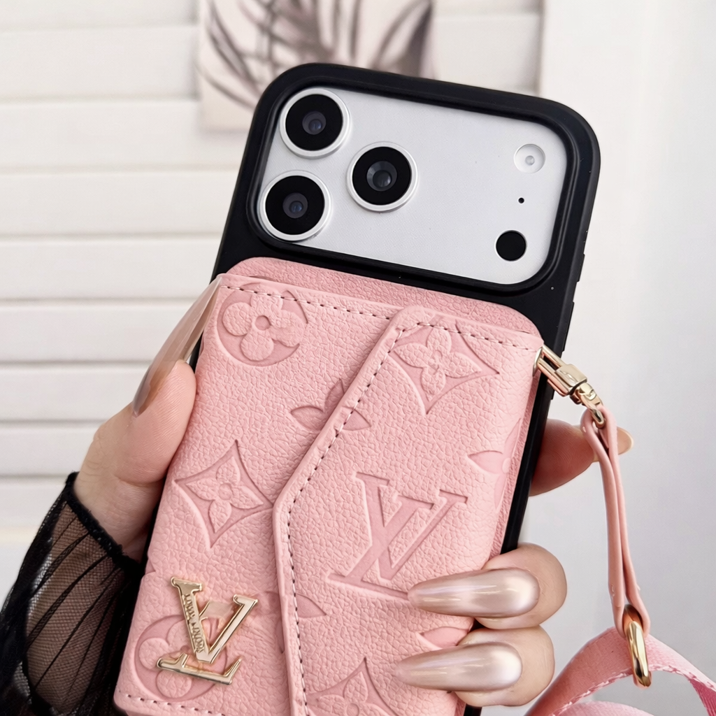 Premium Luxury Pink Leather Phone Cover with Card Holder & Strap | Designer Wallet Case for iPhone