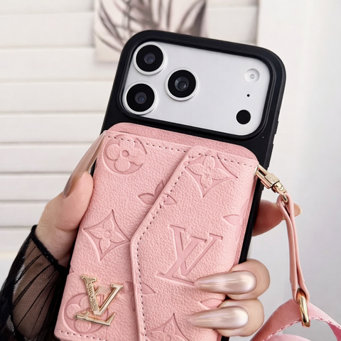 Premium Luxury Pink Leather Phone Cover with Card Holder & Strap | Designer Wallet Case for iPhone