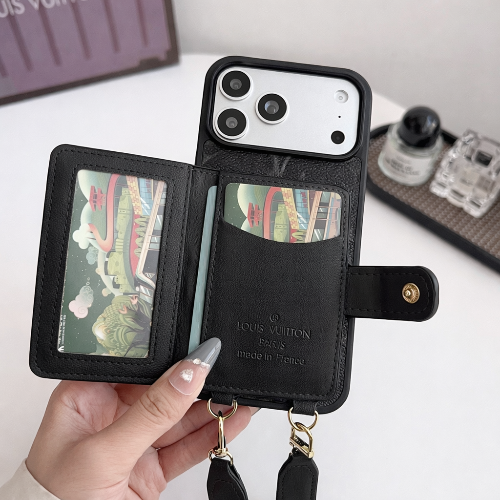Premium Luxury black Leather Phone Cover with Card Holder & Strap | Designer Wallet Case for iPhone