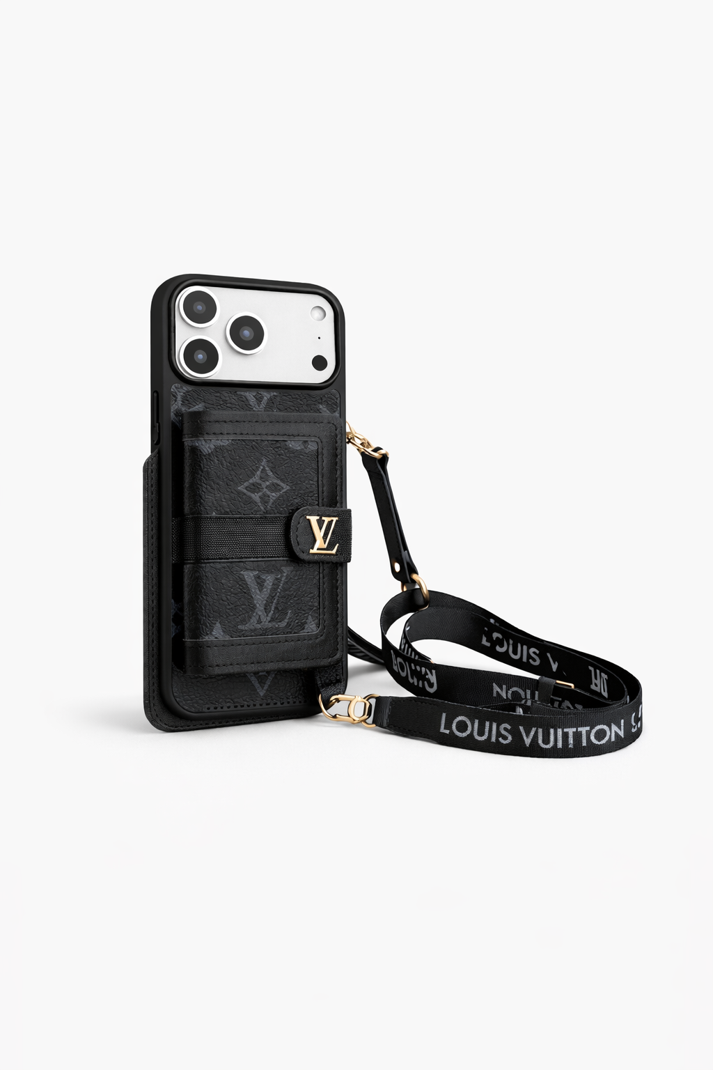 Premium Luxury black Leather Phone Cover with Card Holder & Strap | Designer Wallet Case for iPhone