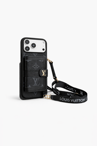 Premium Luxury black Leather Phone Cover with Card Holder & Strap | Designer Wallet Case for iPhone