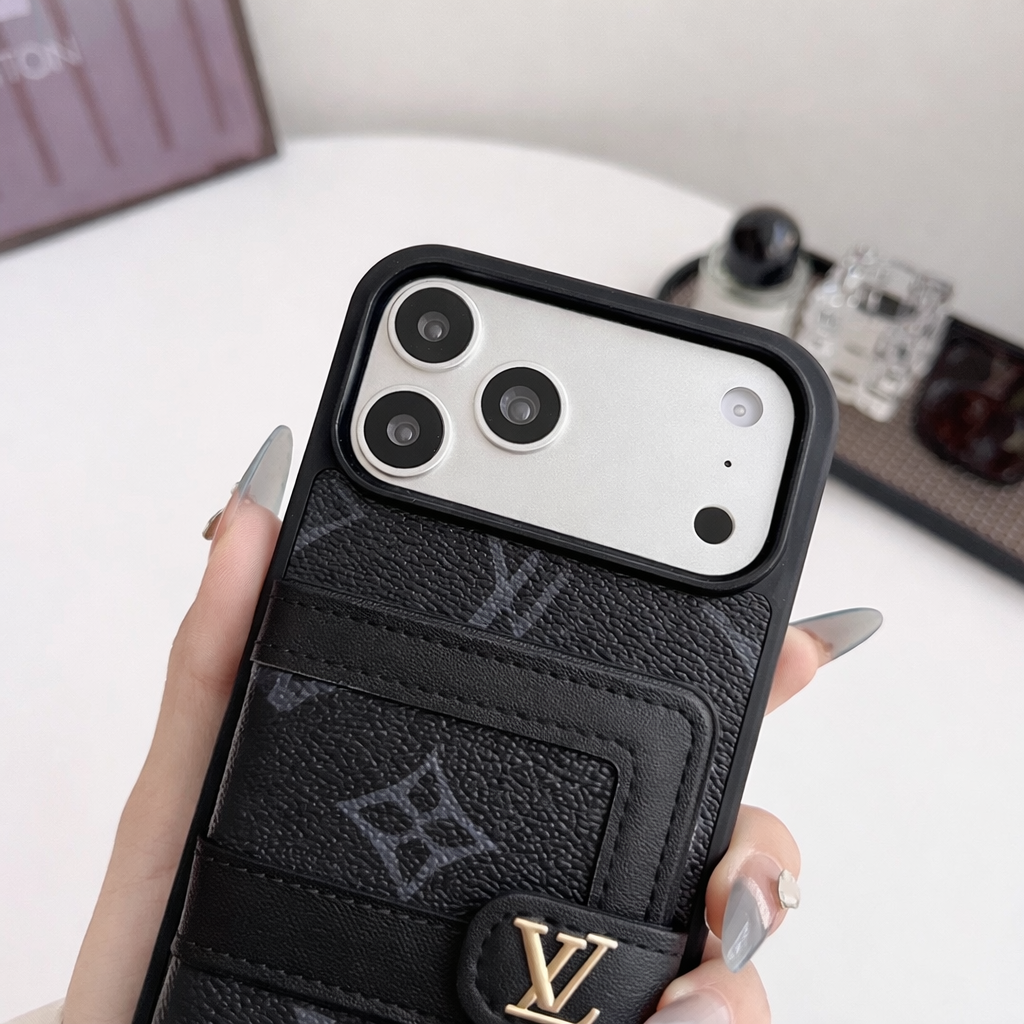 Premium Luxury black Leather Phone Cover with Card Holder & Strap | Designer Wallet Case for iPhone