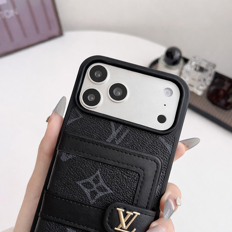 Premium Luxury black Leather Phone Cover with Card Holder & Strap | Designer Wallet Case for iPhone