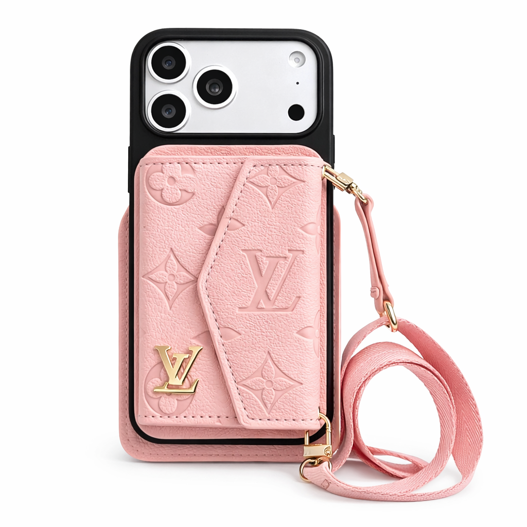 Premium Luxury Pink Leather Phone Cover with Card Holder & Strap | Designer Wallet Case for iPhone