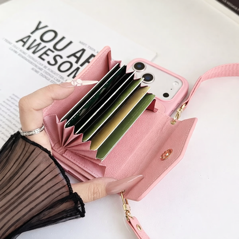 Premium Luxury Pink Leather Phone Cover with Card Holder & Strap | Designer Wallet Case for iPhone