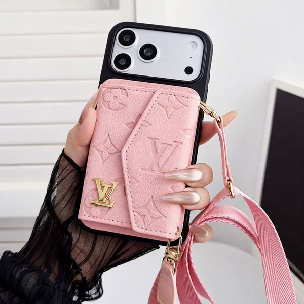 Premium Luxury Pink Leather Phone Cover with Card Holder & Strap | Designer Wallet Case for iPhone