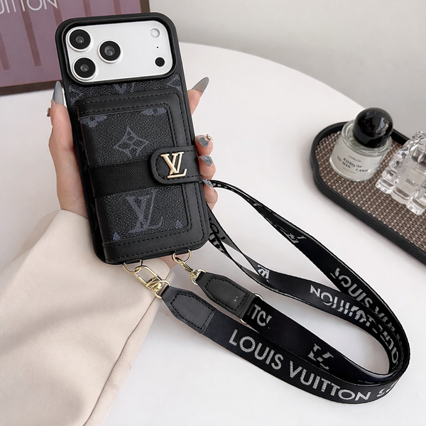 Premium Luxury black Leather Phone Cover with Card Holder & Strap | Designer Wallet Case for iPhone