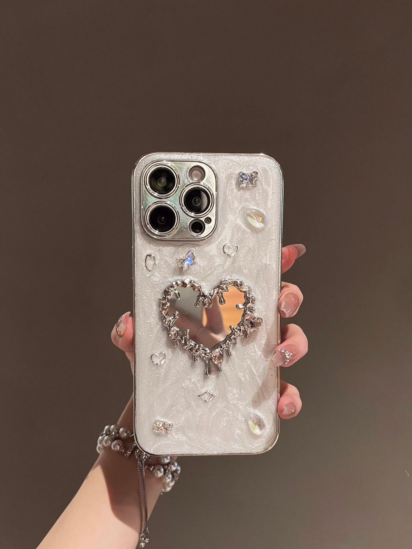 Crystal Glitter Heart Mirror Case (Silver)