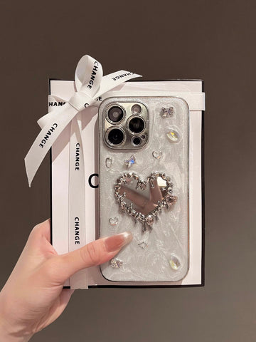 Crystal Glitter Heart Mirror Case (Silver)