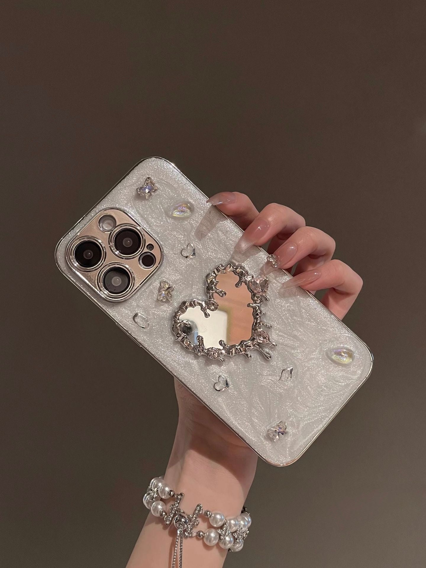 Crystal Glitter Heart Mirror Case (Silver)