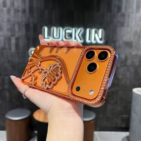 Luxury Floral Mirror Case with Diamond Camera Frame