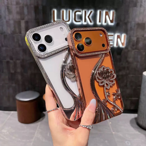 Luxury Floral Mirror Case with Diamond Camera Frame