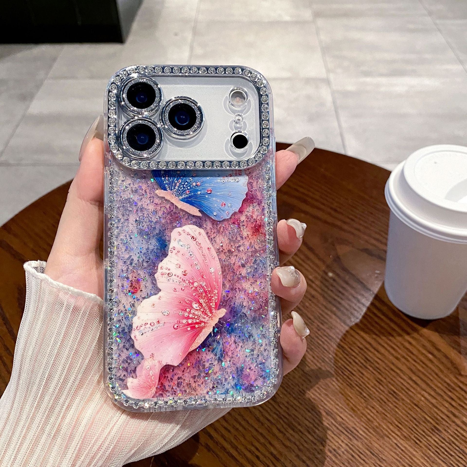 Dual Butterfly Glitter Case with Diamond Camera Frame
