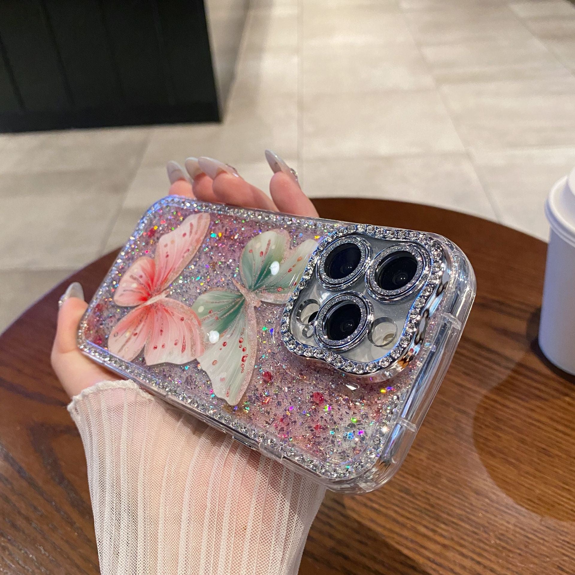Dual Butterfly Glitter Case with Diamond Camera Frame